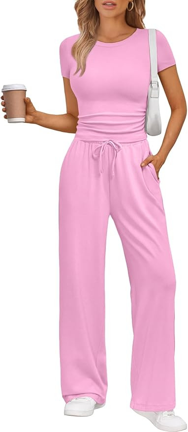 Trendy Queen 2 Piece Matching Summer Sweatsuit Lounge Set Womens Wide Leg Pants Side Ruching Crop... | Amazon (US)