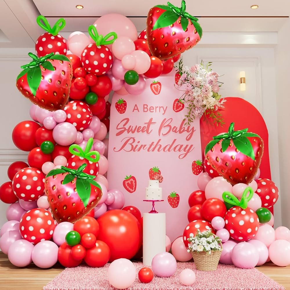 Strawberry Balloon Arch Kit - 137pcs Red Pink and Light Pink Balloons with Strawberry Foil Balloo... | Amazon (US)