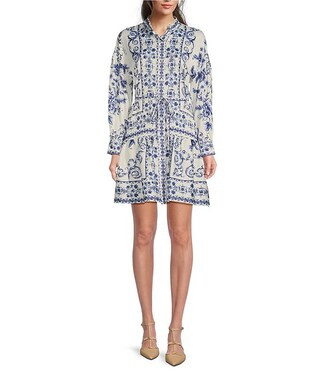 Alex Marie Wren Blue Scroll Button Front A-Line Dress | Dillard's | Dillard's