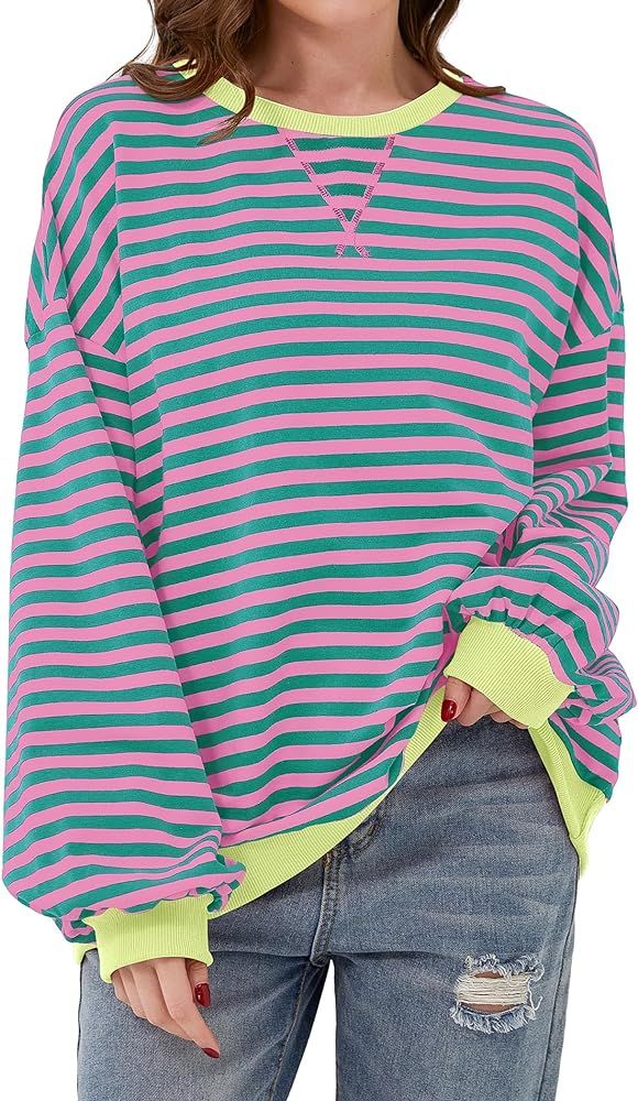 Striped Shirt Women Oversized Sweatshirt Color Block Long Sleeve Crew Neck Sweatshirt Loose Pullo... | Amazon (US)