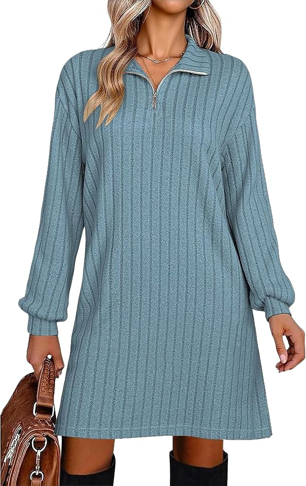 Halife Women's Casual Long Sleeve Fall Dresses V Neck Ribbed Knit Lightweight Sweater Dress with ... | Amazon (US)