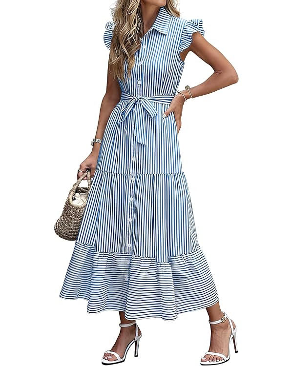 Caracilia Womens Summer Casual Ruffle Cap Sleeve Maxi Dress Button Down Striped Plaid Tie Waist V... | Amazon (US)