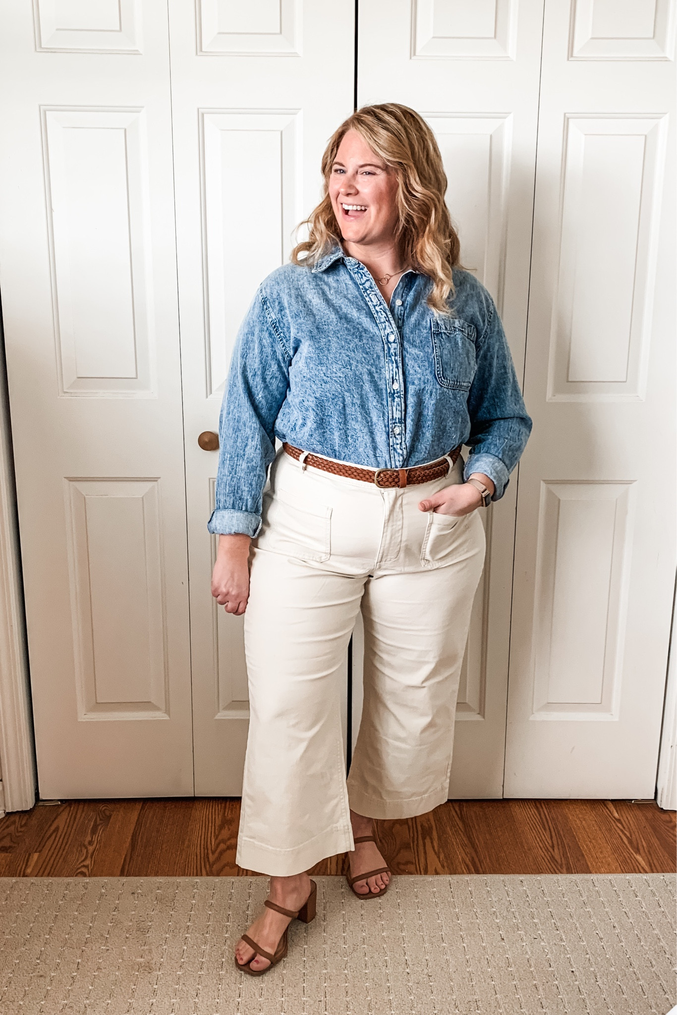 Realistic spring outfit! Denim or chambray top with cream wide leg pants!  My denim top is from Target this Fall, however they have a very similar one right now that I’ll link.  

#LTKxTarget #LTKworkwear #LTKmidsize