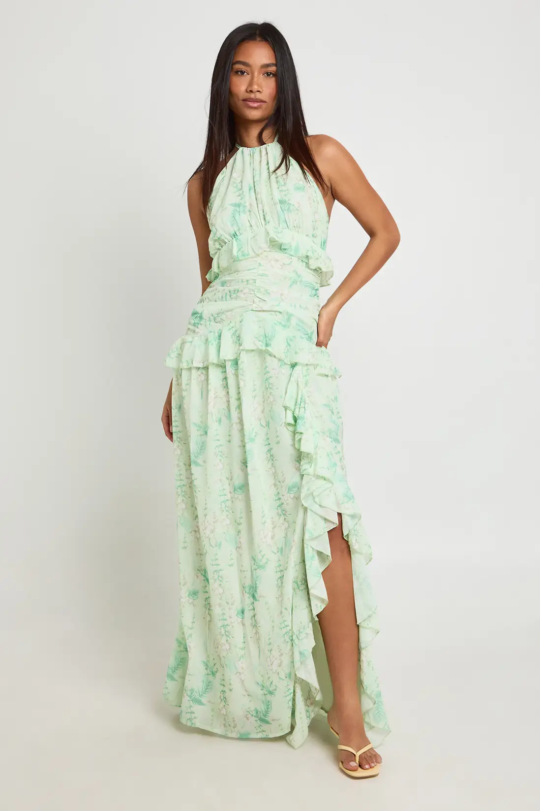 Green Floral Halterneck Chiffon Ruffle Detail Maxi Dress | Boohoo | Boohoo.com (UK & IE)