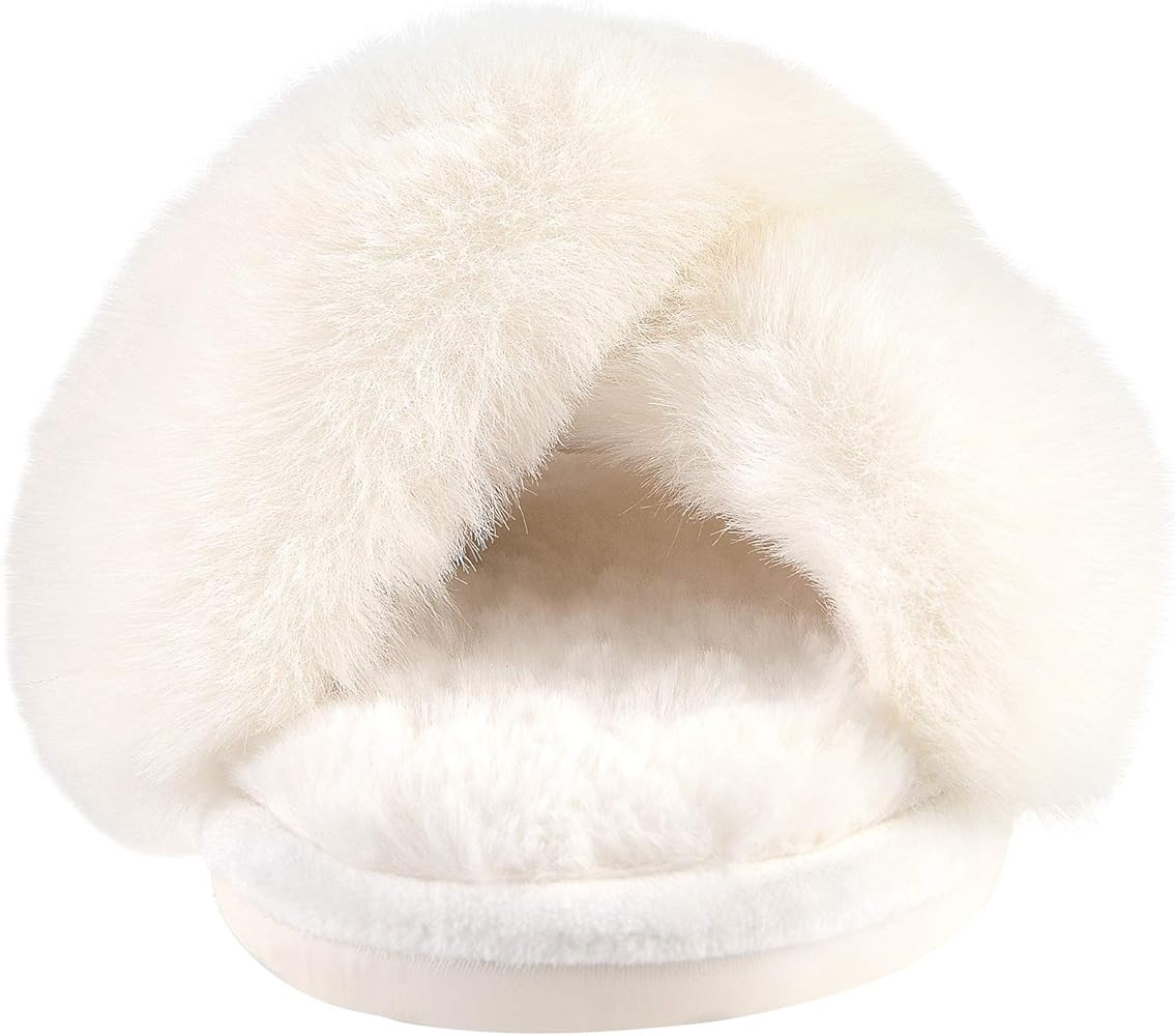 Women's Cross Band Slippers Soft Plush Furry Cozy Open Toe House Shoes Indoor Outdoor Faux Rabbit... | Amazon (US)