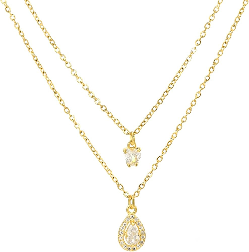 BUREI Gold Layered Necklace for Women,Gold Layered Chain Choker Necklace Cube Zircon Drop Pendant... | Amazon (US)