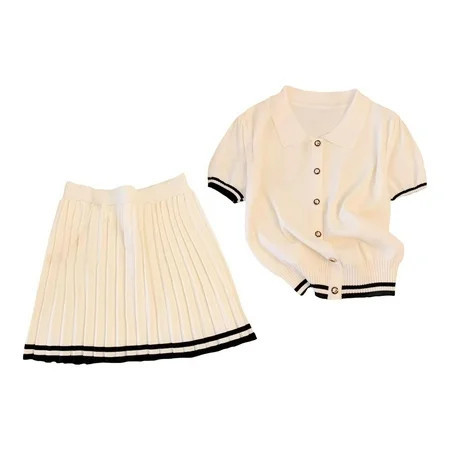 Milageto Womens Pleated Skirt Set Athletic Outfits Travel Running Shirt and Skirt Set Beige | Walmart (US)