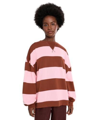 Free People Womens We The Free Classic Striped Oversized Crew Neck Strawberry Wine Comb X-Large | Amazon (US)