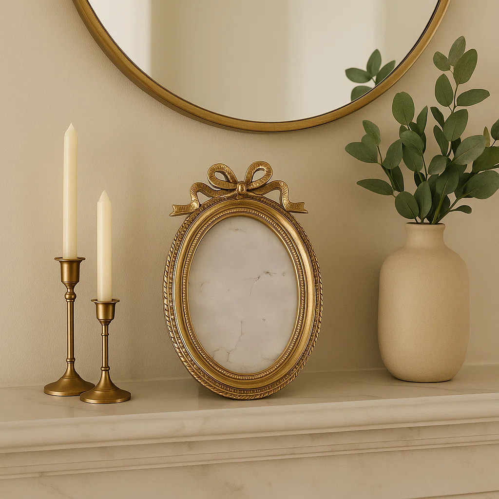 Stylish Oval Photo Frame With Bow Top Detailing - Decorative Frame For Wall Decor Accent - Display Frame For Entryway And Living Room - 8", Gold | Wayfair North America