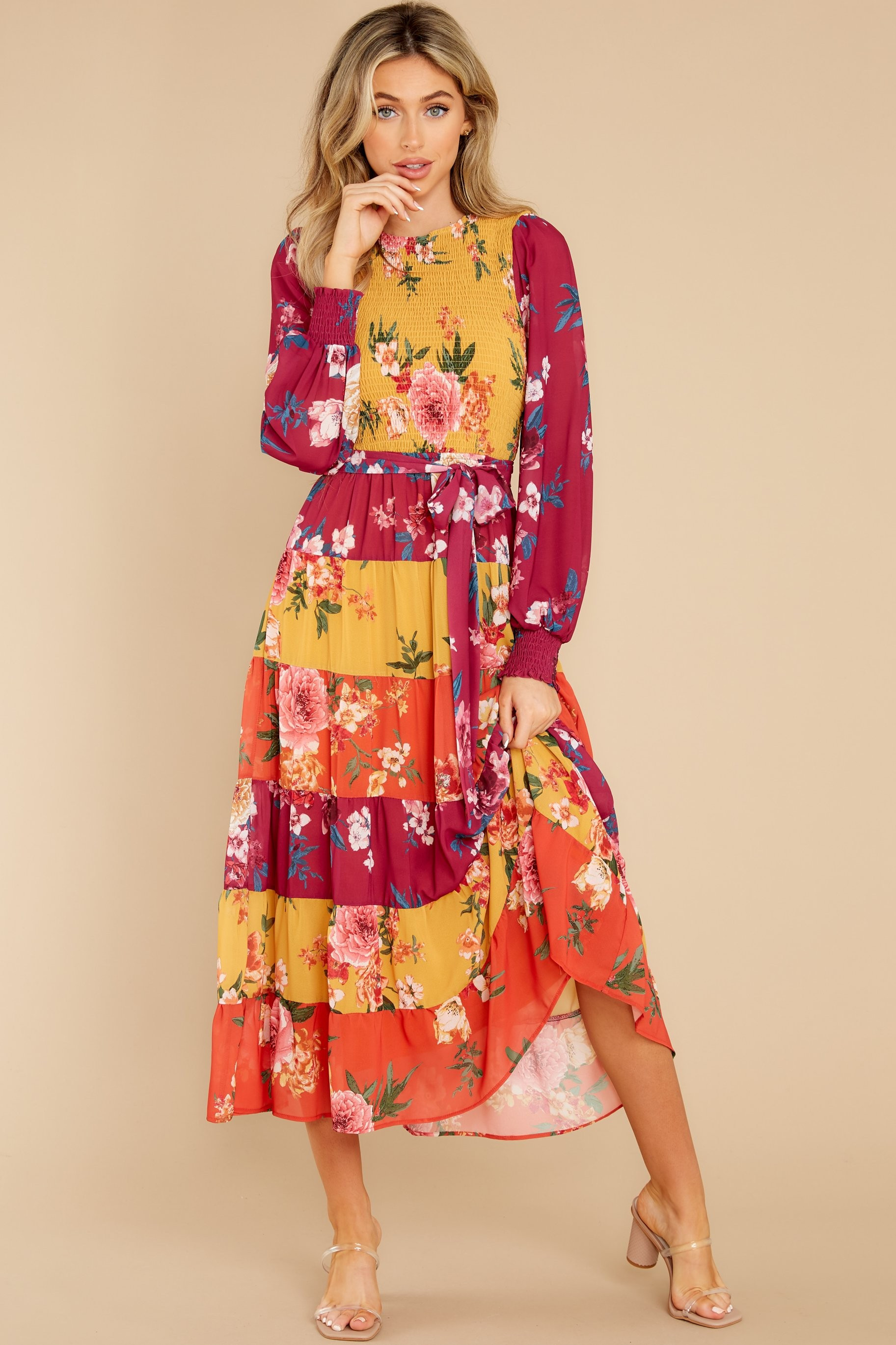 Save The Date Magenta And Mustard Floral Print Maxi Dress | Red Dress 