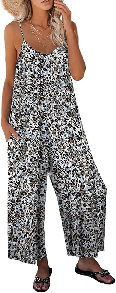 Happy Sailed Womens Romper Loose Casual V Neck Spaghetti Strap Stretchy Long Romper Jumpsuit with Po | Amazon (US)
