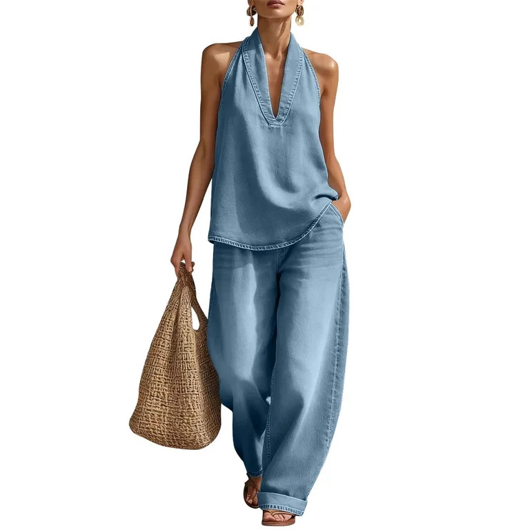 Soyumi Women Denim Two Piece Set, Sleeveless Button Down Backless Jean Top Wide Leg Jeans Pants Y... | Walmart (US)