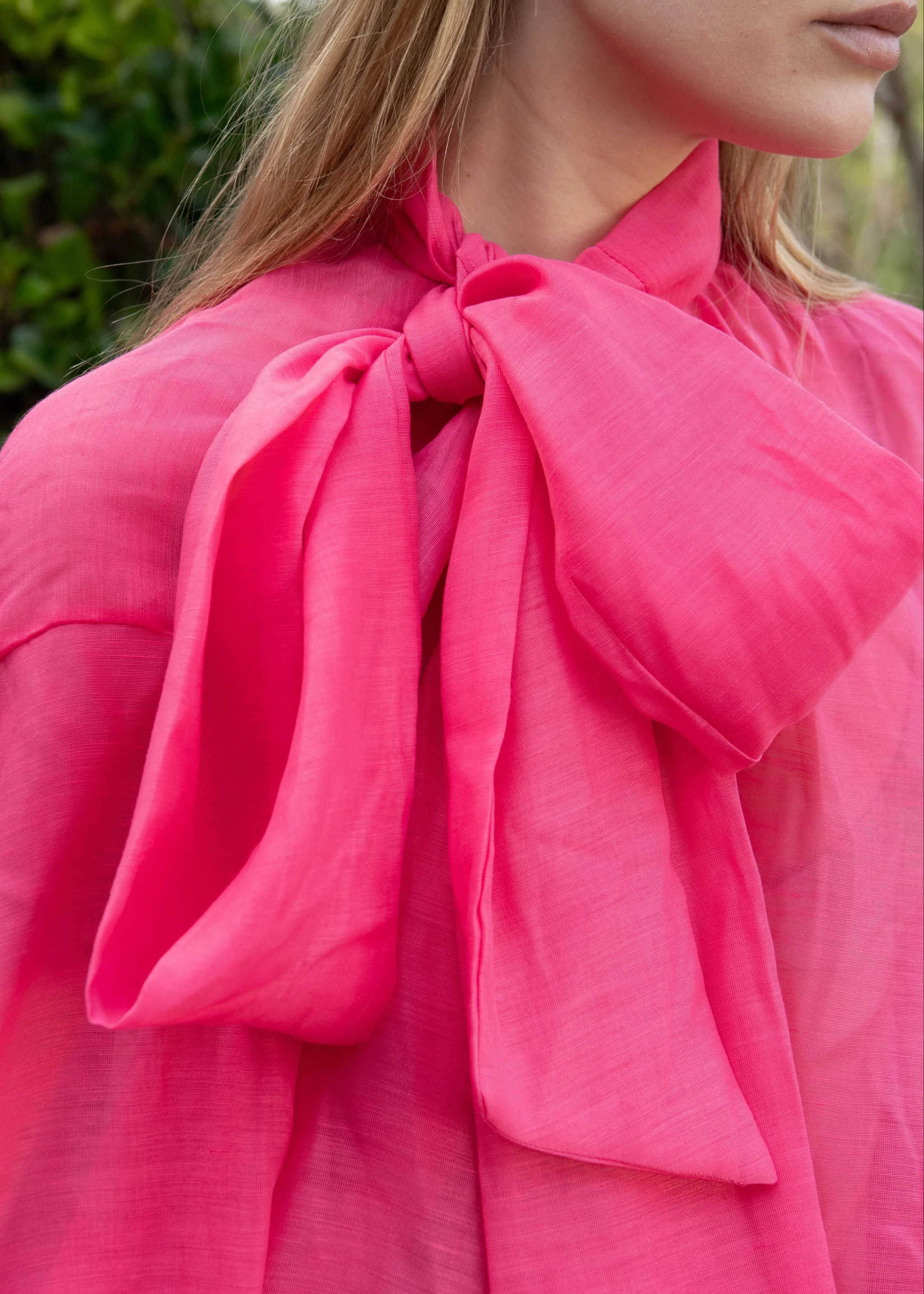 Samantha Oversized Neck Bow Tie Detail Top - Bright Pink | Benaar La