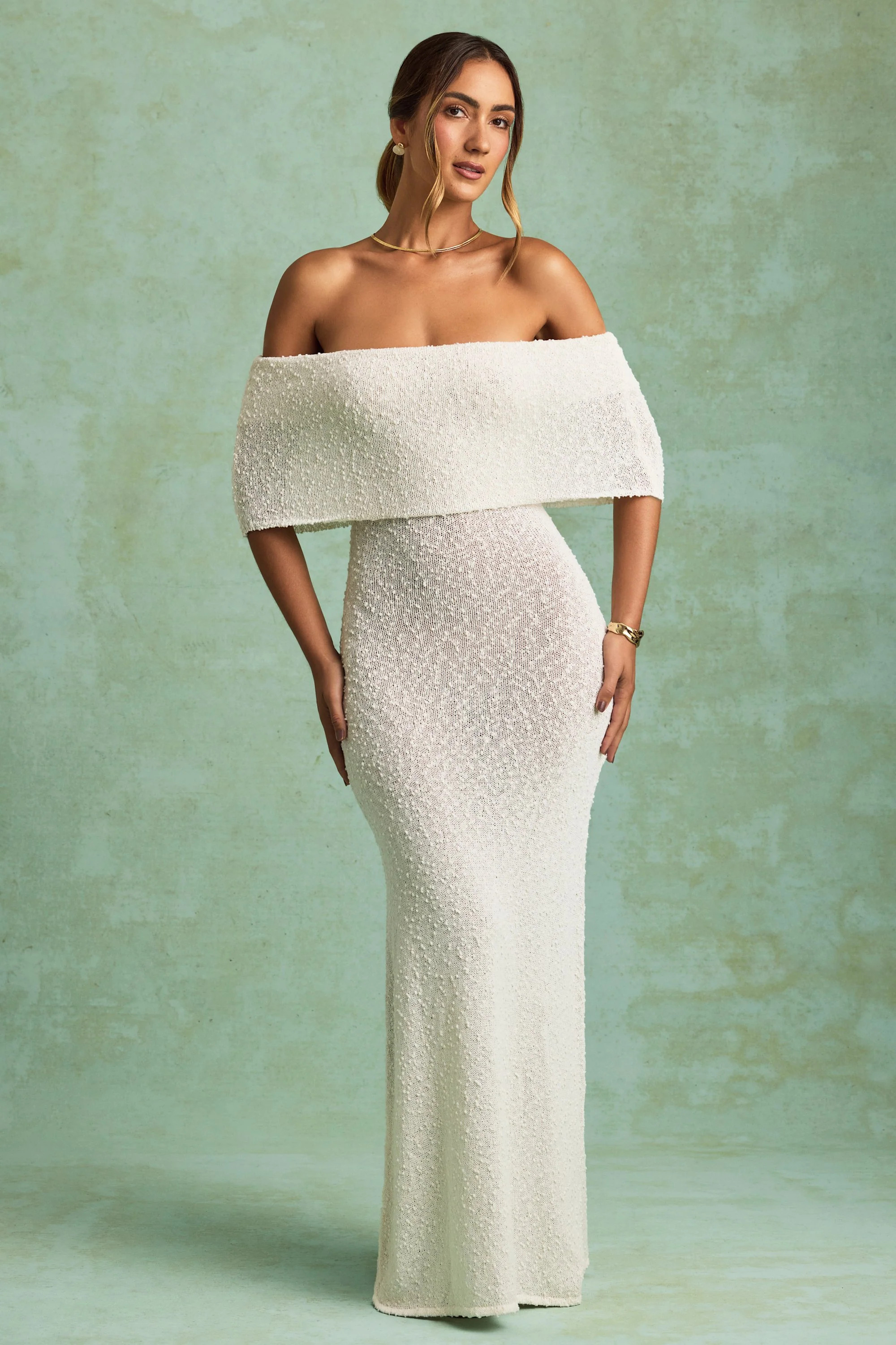 Bouclé Off-Shoulder Maxi Dress in White | Oh Polly