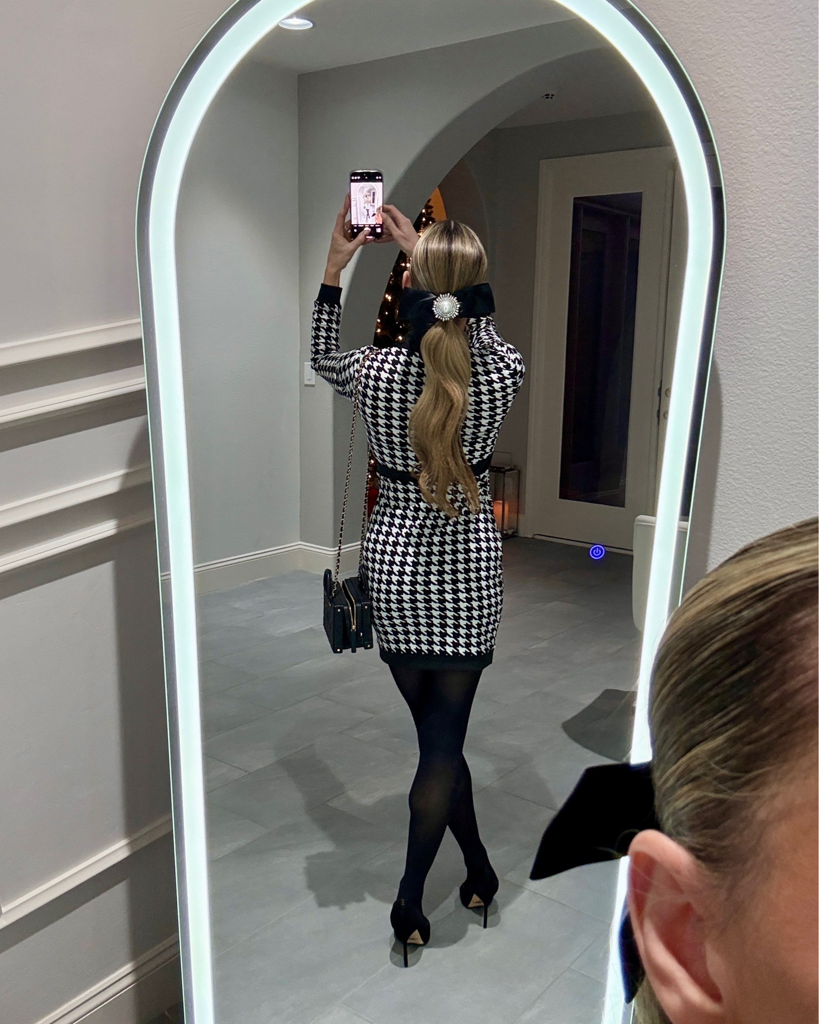 Classic winter outfit idea | OOTD houndstooth dress, black tights, black suede pumps, gold earrings, black Chanel vanity bag & black satin hair bow with crystal detail on sale!!! 

#LTKStyleTip #LTKSaleAlert #LTKFindsUnder50