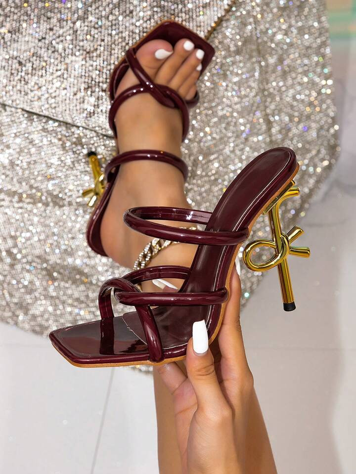 Women's Burgundy Pyramid Decorated High Heel Mule Sandals, Elegant Party High Heel Slippers | SHEIN
