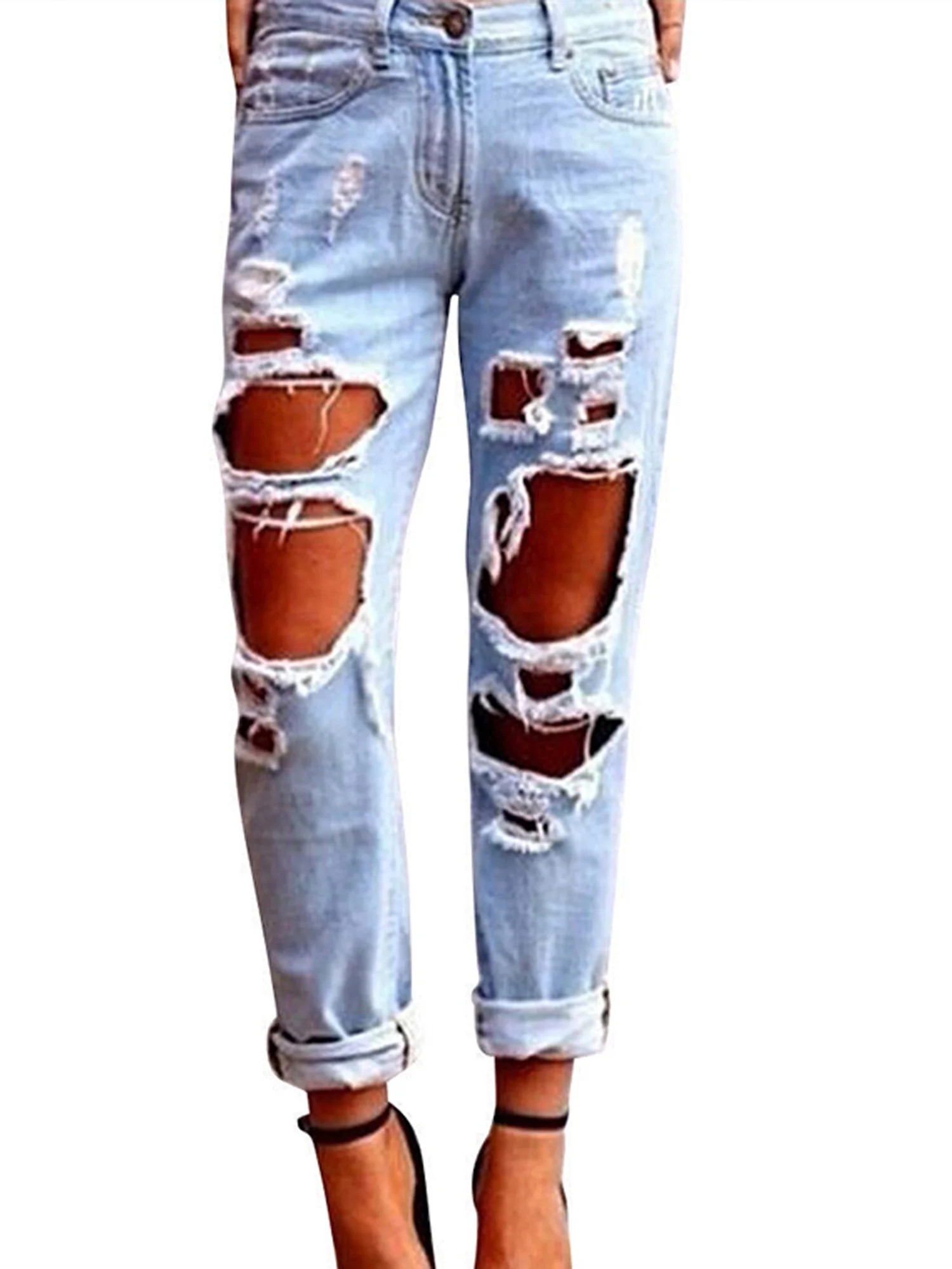 Women's Ripped Destroyed Hole Jeans Casual Loose Denim Skinny Pants | Walmart (US)