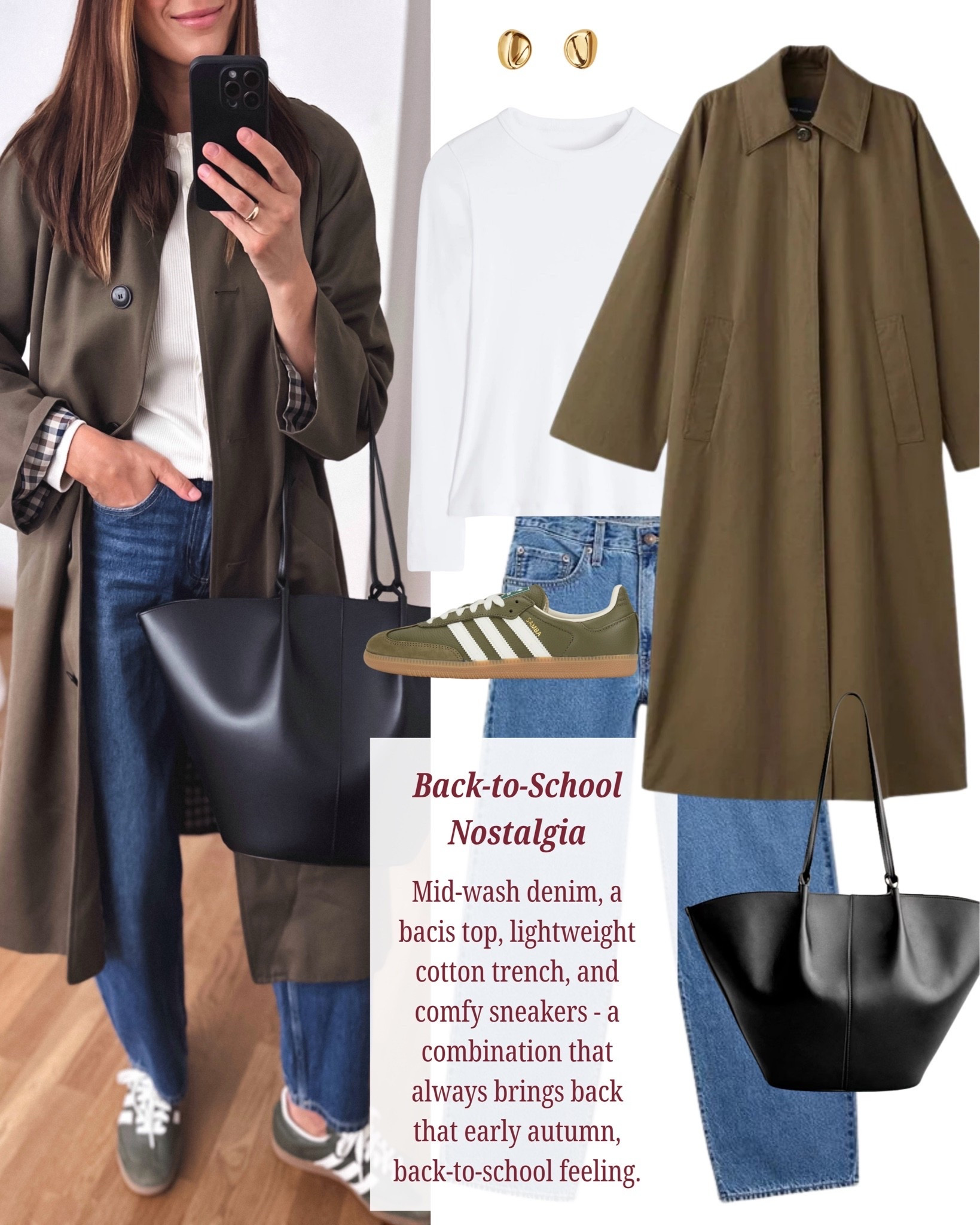 Autumn look:

Trench @SEZANE (slightly oversized fit, wearing my usual size 38/M EU) 
Bag - Also Sezane (Old)

Jeans/ Longsleeve @mango - top TTS, jeans ring big - sized down to 36.