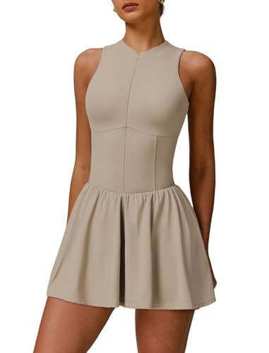 Womens Tennis Dress Zipper Yoga Athletic Dresses for Women Slim Fit A-line Hem Mini Golf Dress with Built-in Bras & Shorts Sports Summer Active Exercise Workout Dresses with Pockets Khaki XS | Amazon (US)