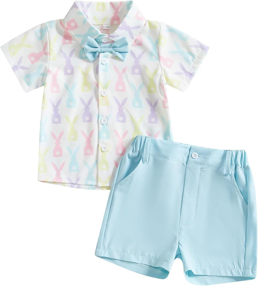 Rtnnsbbfcm Toddler Baby Boy Easter Outfit Short Sleeve Bunny Print Bow Tie Button Down Shirt Top ... | Amazon (US)