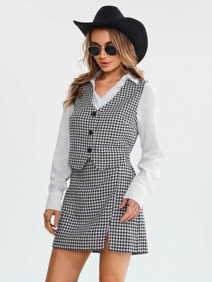 SHEIN Wildara Women's Vintage Houndstooth Pattern Vest Top, Casual Office/Teacher Work Outfit, Wi... | SHEIN