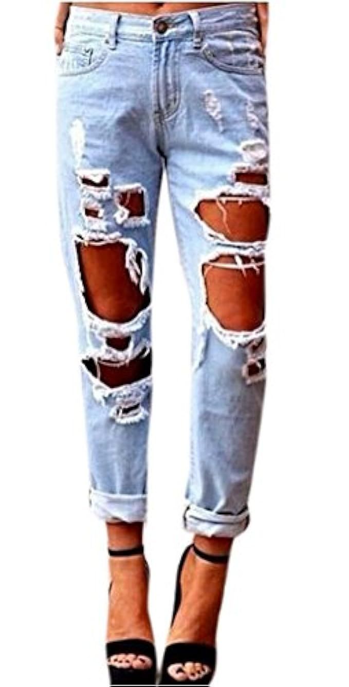 TENGFU Women's Sexy Distressed Destroyed Ripped Slim Blue Baggy Jeans Pants | Amazon (US)