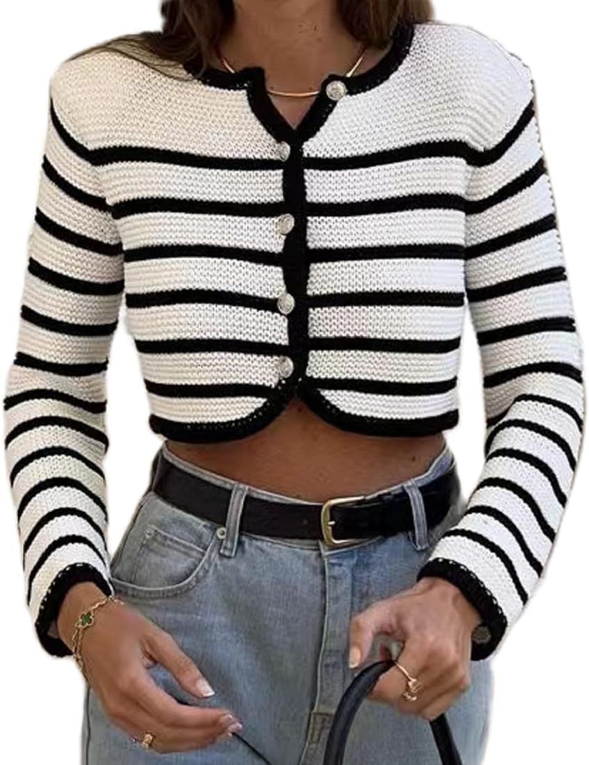 Women Knitted Crop Cardigan Striped Print Long Sleeve Button Down Sweaters Bolero Shrug Pullover Y2k | Amazon (US)