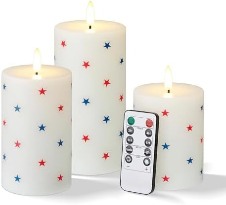 Flameless LED Candles, 3 Patriotic Americana Pillar Candles, Timer, Remote Ready, Stars Design fo... | Amazon (US)