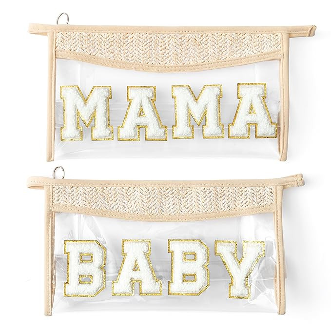 Boho Patch Cosmetic Bag - MAMA BABY Chenille Varsity Letter Toiletry Bag Beige Clear Waterproof T... | Amazon (US)