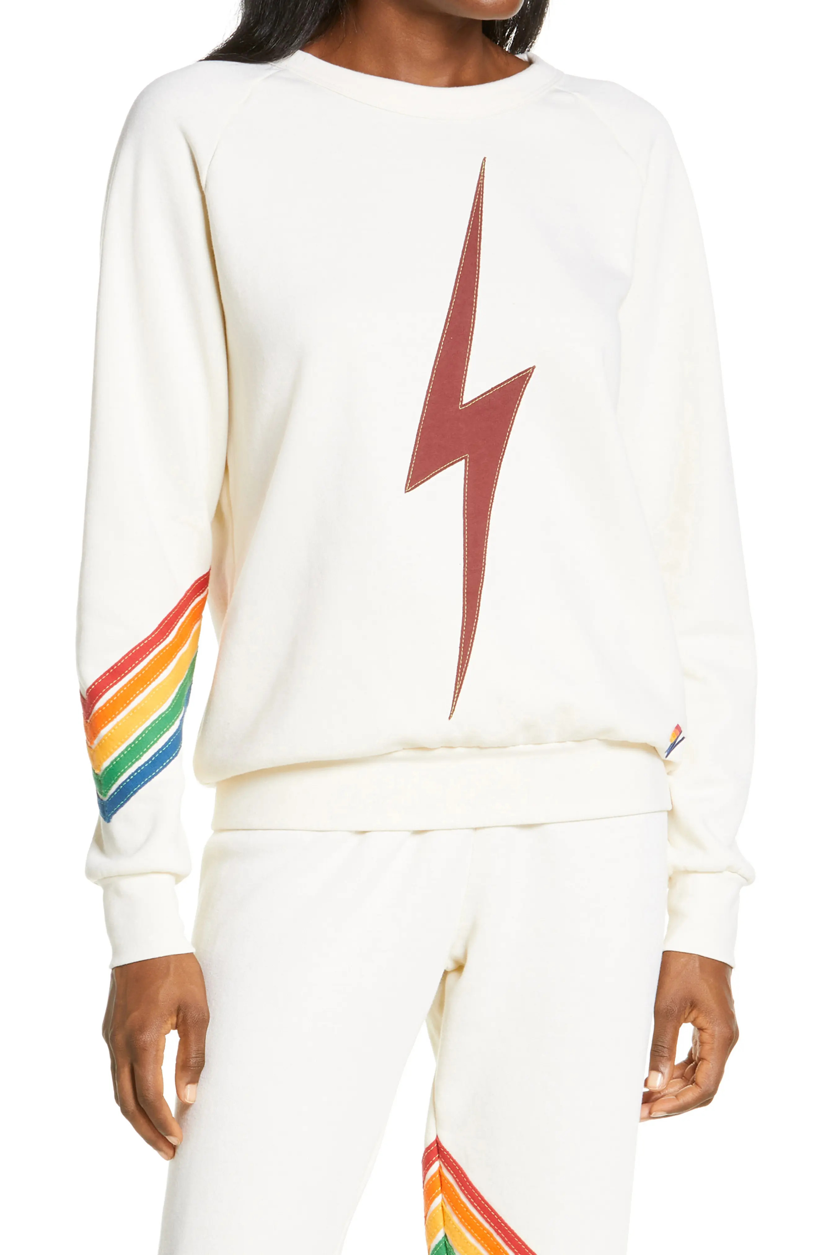 Aviator Nation Bolt Chevron Stripe Sweatshirt in White/neon Pink Rainbow at Nordstrom, Size X-Large | Nordstrom
