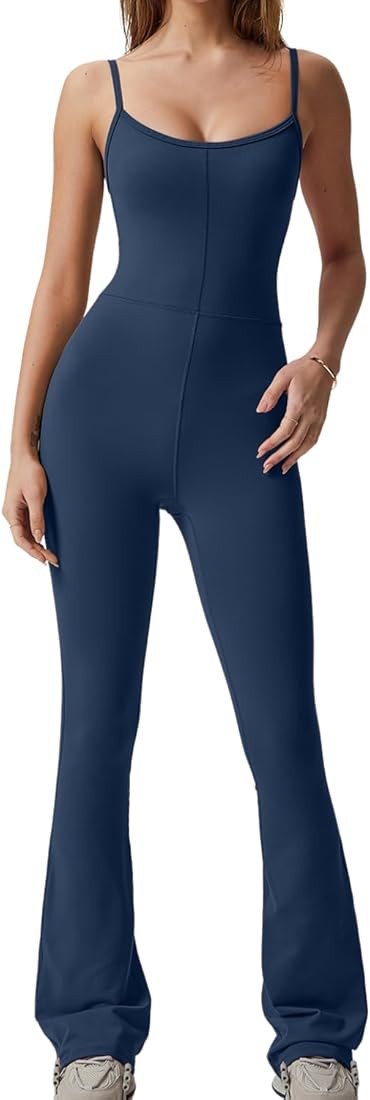 QINSEN Flare Jumpsuits for Women Spaghetti Straps Scoop Neck Bodycon Full Length Casual Unitard Play | Amazon (US)