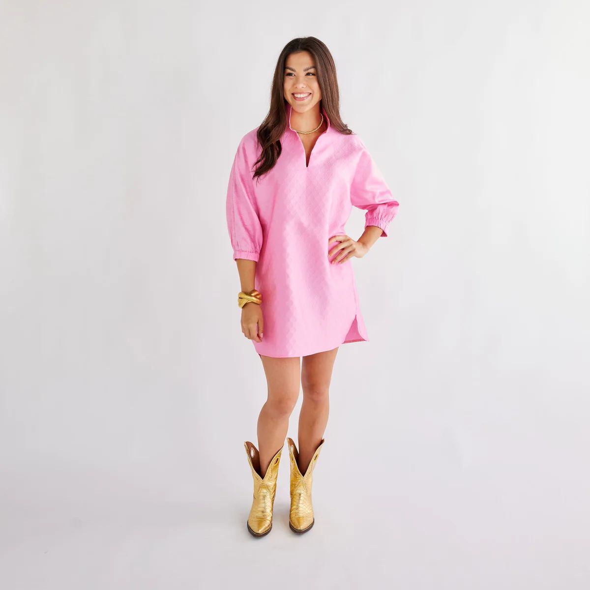 Betsy Collar Jacquard Polkadot Dress Pink | Caryn Lawn