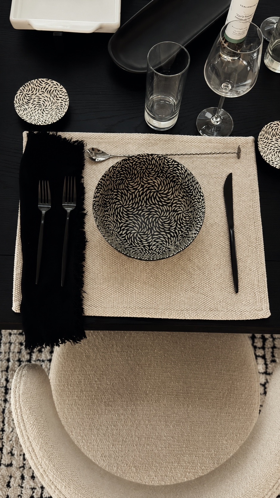 Moody dinner-for-two details 🖤 I love mixing black, cream, and textured neutrals for a tablescape that feels simple but elevated. Linking the dinnerware, placemats, napkins, flatware, and glassware on LTK.#LTKFinds #LTKStyleTip #HomeDecor #Tablescape #DinnerForTwo

#LTKHome #LTKSeasonal #LTKHome #LTKfoodie