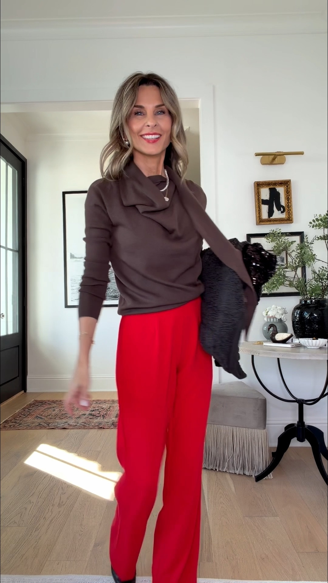 I’m 5’6”
-Benaar scarf top is very soft, mid weight warmth wearing Small. SITE 25% off 
-Red pants (linked similar) 
-Boots TTS Comfy and I have a wide toe box. SALE 
-Zara clutch 
-Sherpa jacket as Small SALE 

#LTKSaleAlert #LTKOver40