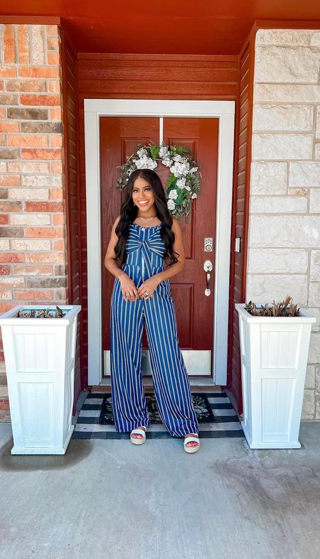 Jumpsuit: I am 5’4” wearing a size small and it has adjustable shoulder straps. •Espadrille wedges: I went with my normal size, comfortable and easy to walk in. 

#LTKstyletip #LTKshoecrush #LTKunder100