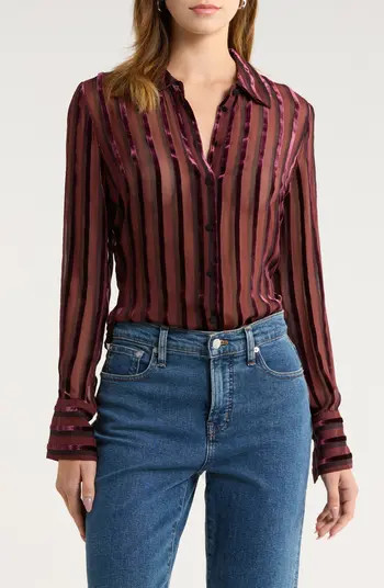Mazzy Velvet Stripe Sheer Silk Blend Button-Up Shirt | Nordstrom