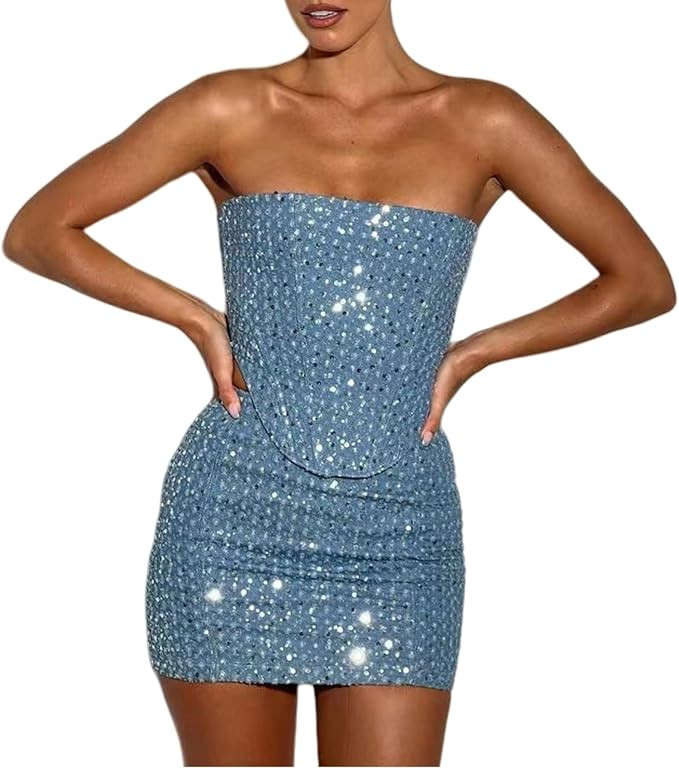 AMPOSSTO Women's Sequin Denim 2 Piece Outfits Sexy Zip Up Bustier Crop Tops Mini Skirt Set for Pa... | Amazon (US)