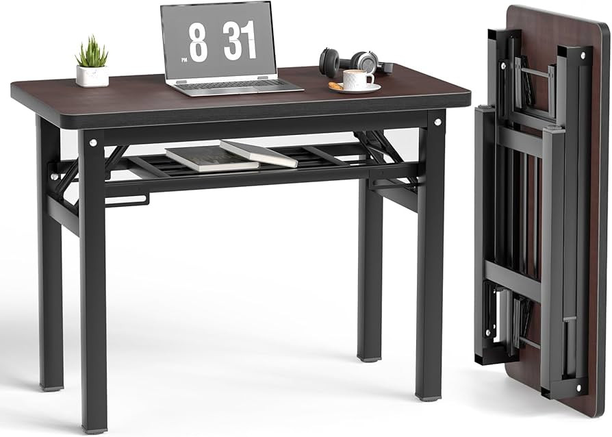 Folding Desk, 31.5 Foldable Computer Desk, Study Table with Storage Shelf, No Assembly Small Writ... | Amazon (US)