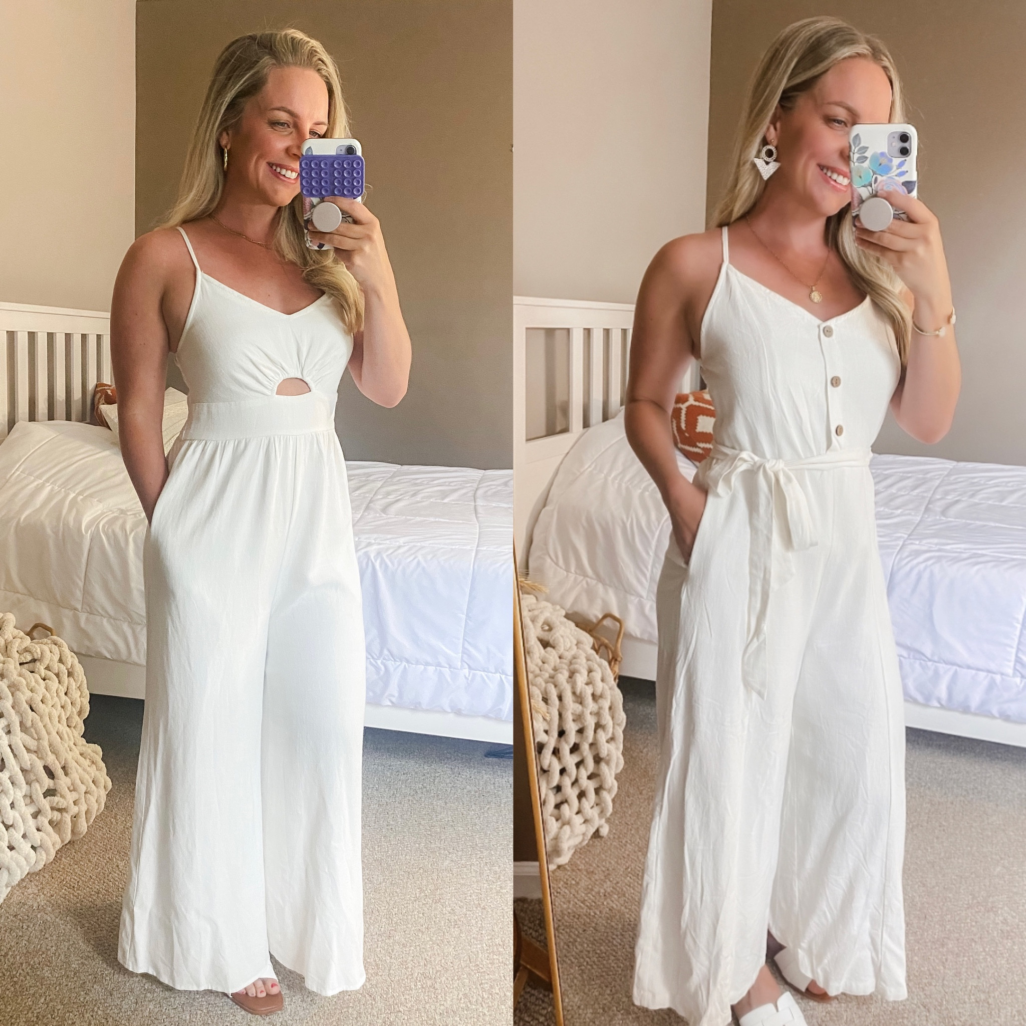 Wearing a small in both

Jumpsuit 
Jumpsuit with pockets
Date night jumpsuit 
Date night outfit 
Summer jumpsuit 
Pockets adjustable straps double lined 

#LTKstyletip #LTKunder50 #LTKunder100