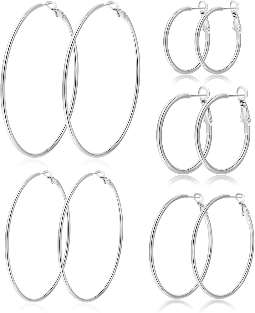 PABBEU Silver Hoop Earrings Large 316L Stainless Steel Earrings Lightweight Silver Earrings Hypoa... | Amazon (US)