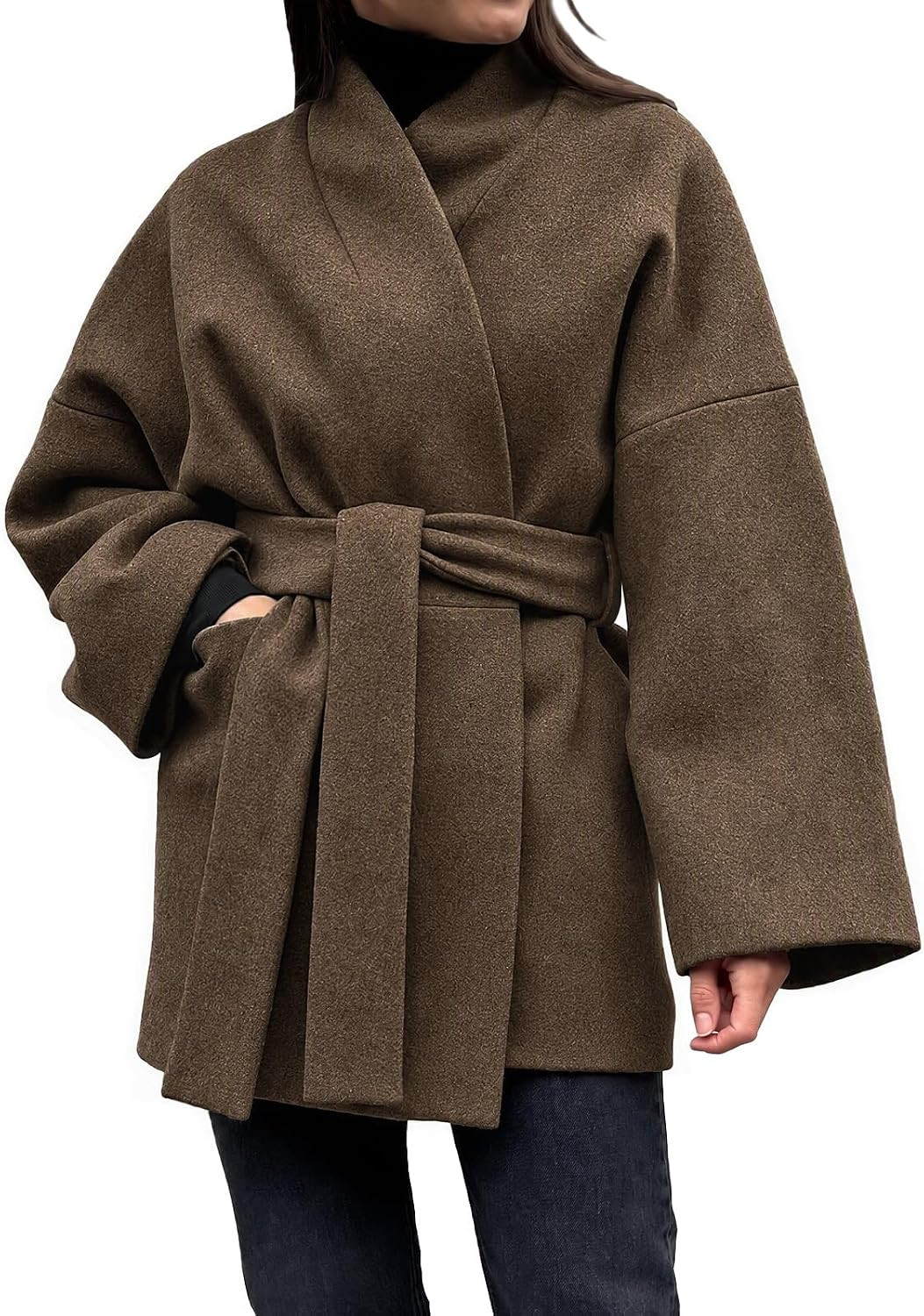 Tankaneo Womens Faux Wool Coat Long Winter Belted Wrap Oversized Jacket | Amazon (US)