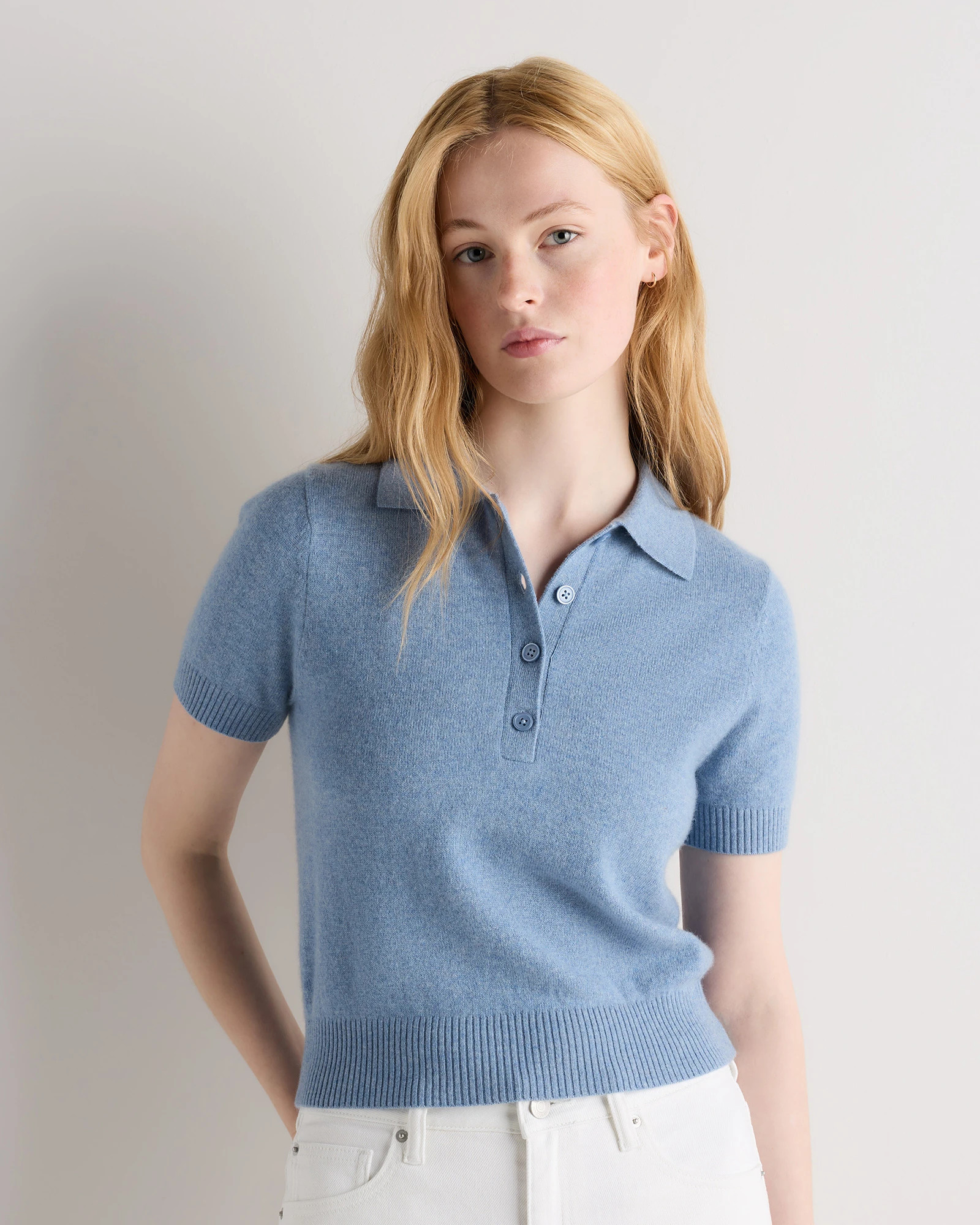 Quince | Women's Mongolian Cashmere Short Sleeve Polo in Heather Grey, Size XS | Quince