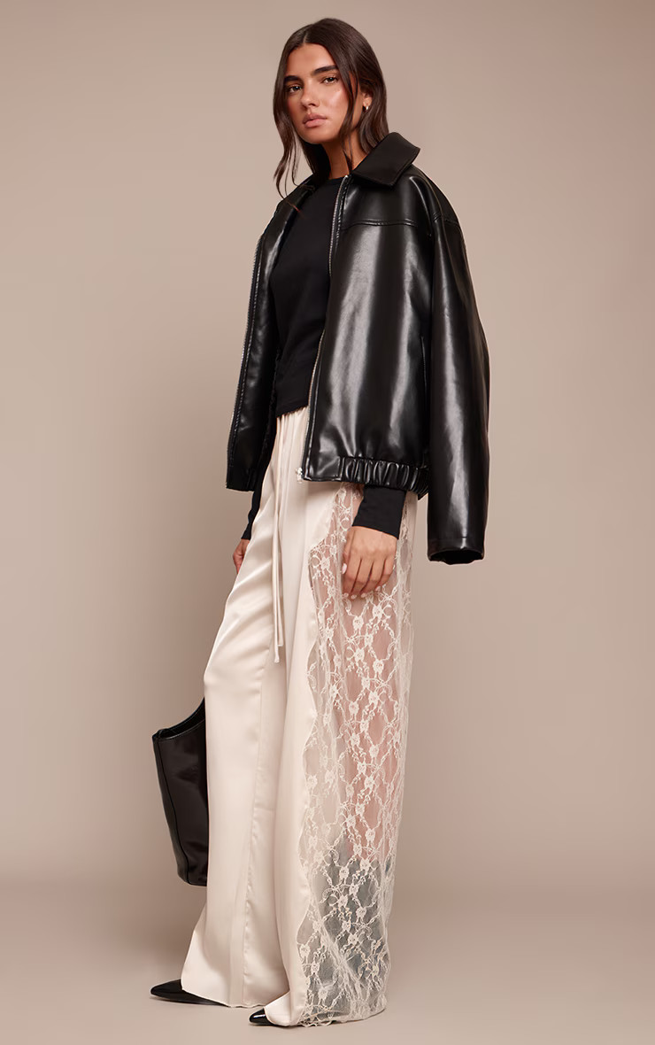 Cream Satin Lace Drawstring Trousers | PrettyLittleThing UK