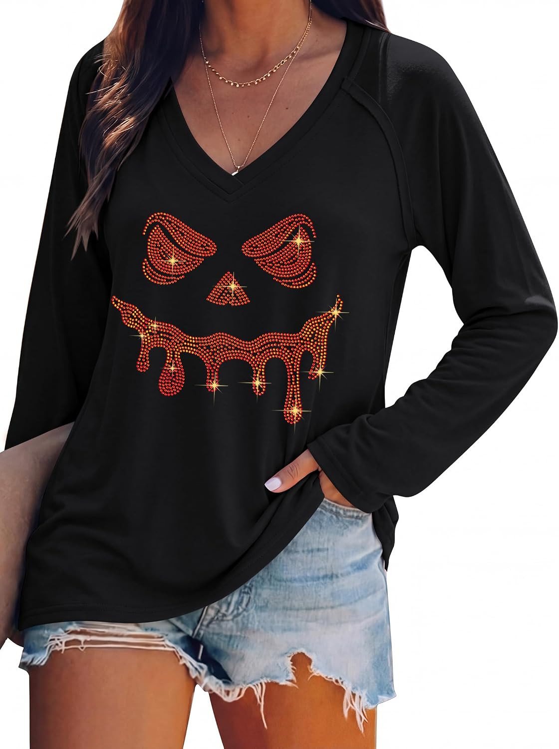 Women V Neck Spooky Halloween T Shirts Rhinestone Pumpkin Face Witch Tops | Amazon (US)