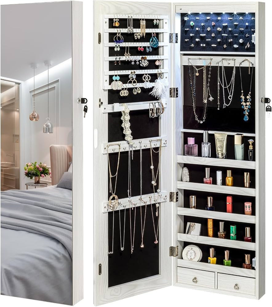YOKUKINA Jewelry Mirror Armoire Cabinet, Large Storage Organizer w/LED Light, Door-Hanging/Wall-M... | Amazon (US)