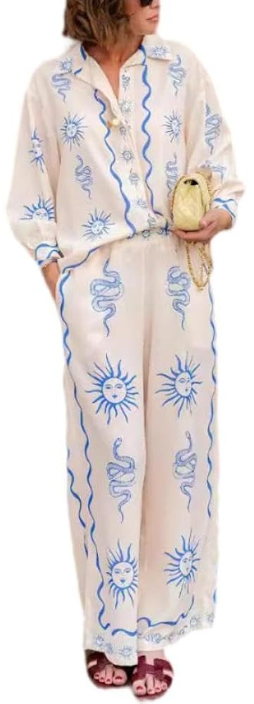 LILTWIST Summer Graffiti Pants Sets for Women Boho Printed 2 Piece Wide Leg Pajama Set Button dow... | Amazon (US)