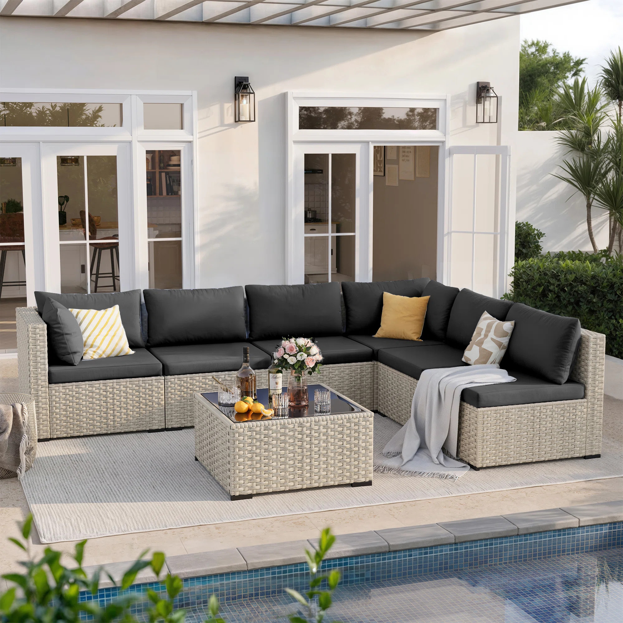 7 Piece Rattan Sectional Seating Group With Cushions | Wayfair North America