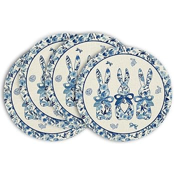 Artoid Mode Blue and White Porcelain Bunny Rabbit Easter Placemats Set of 4, 14 Inch Spring Round... | Amazon (US)