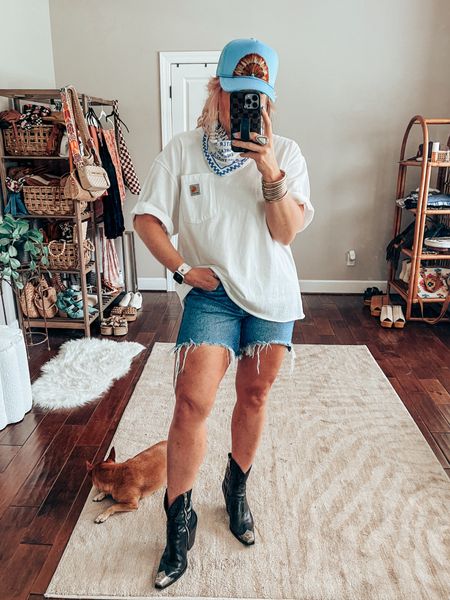 Country concert outfit idea! ✨
Men’s Carhartt tee over denim shorts, western style boots, trucker hat, and a scarf tied around your neck! 
•Tee size L
•Shorts I size up one 
•Boots TTS 
•Feather hat is @littlebirdtrucking 
•Watchband save with code MANDIE
•Earrings save with code MANDIE15

#LTKFestival #LTKOver40 #LTKStyleTip