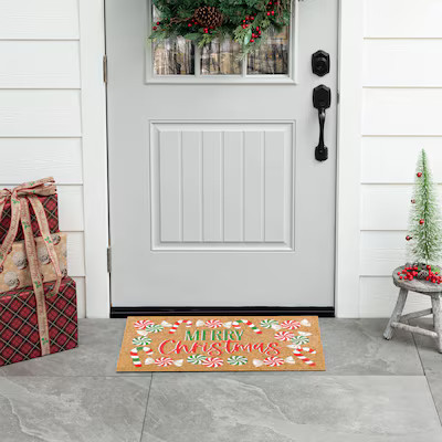 Holiday Living 18-in x 30-in Candy Cane Non-Slip Grip Outdoor Welcome Door Mat | Lowe's